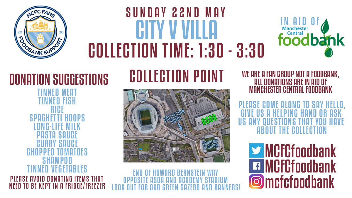 We're back for the last game of the season vs #AVFC, and our last collection of 21/22. It will mark the end of our first full season collecting for @McrFoodbank, becoming their largest regular food donor in that time - let's make it a special one blues! 🤝💙 #SolidarityNotCharity