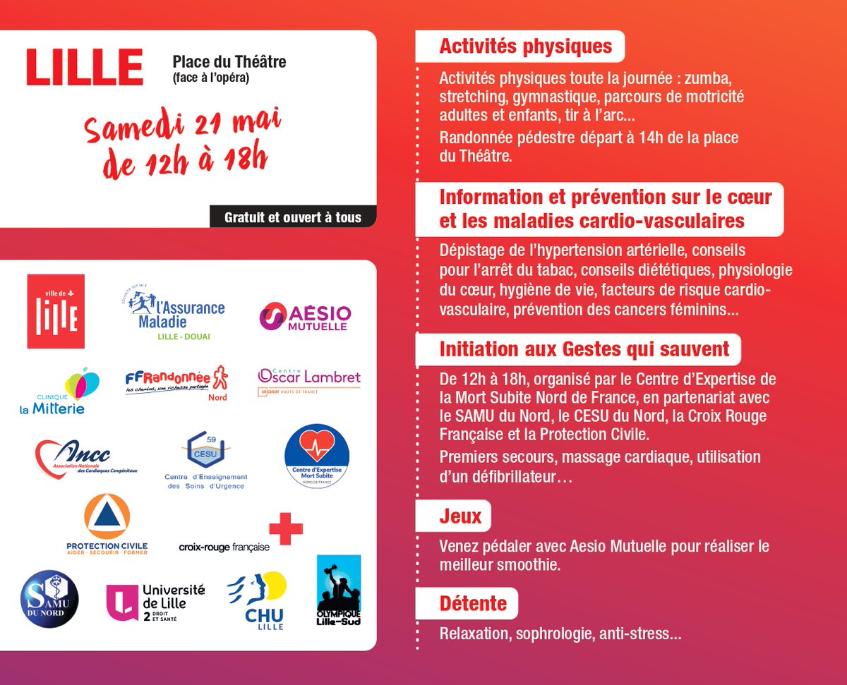 Chaussez vos baskets et rendez-vous le samedi 21 mai sur la place du théâtre à <a href="/lillefrance/">Ville de Lille</a> pour les #ParcoursduCœur Hauts-de-France 👟 !
Au programme : randonnée en ville, activités sportives, détente, jeux, stands d'informations et initiation aux gestes qui sauvent ❤.