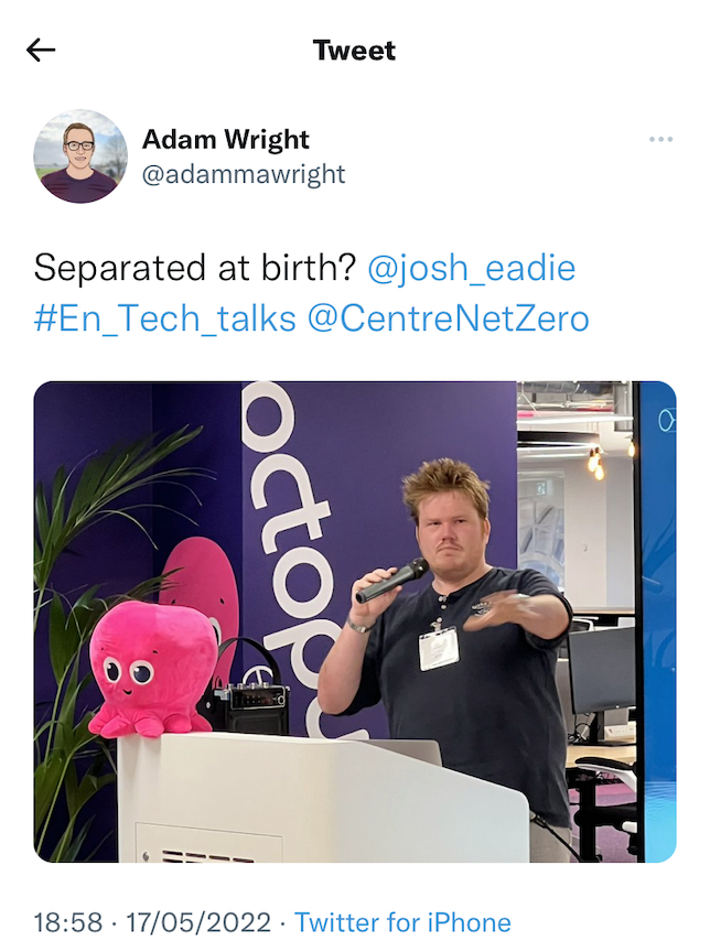 CentreNetZero's tweet photo. 💥 A fantastic evening hosting #En_Tech_Talks session 02!

🙏 A huge thanks to everyone who came along, to our speakers Tom @GridEdgeLtd, @dan_williams10 + @josh_eadie @MeasurableUK. Shout out to @ed_birkett  for winning our Twitter comp &amp; @adammawright for his contribution too! https://t.co/VJEq6NIcwE