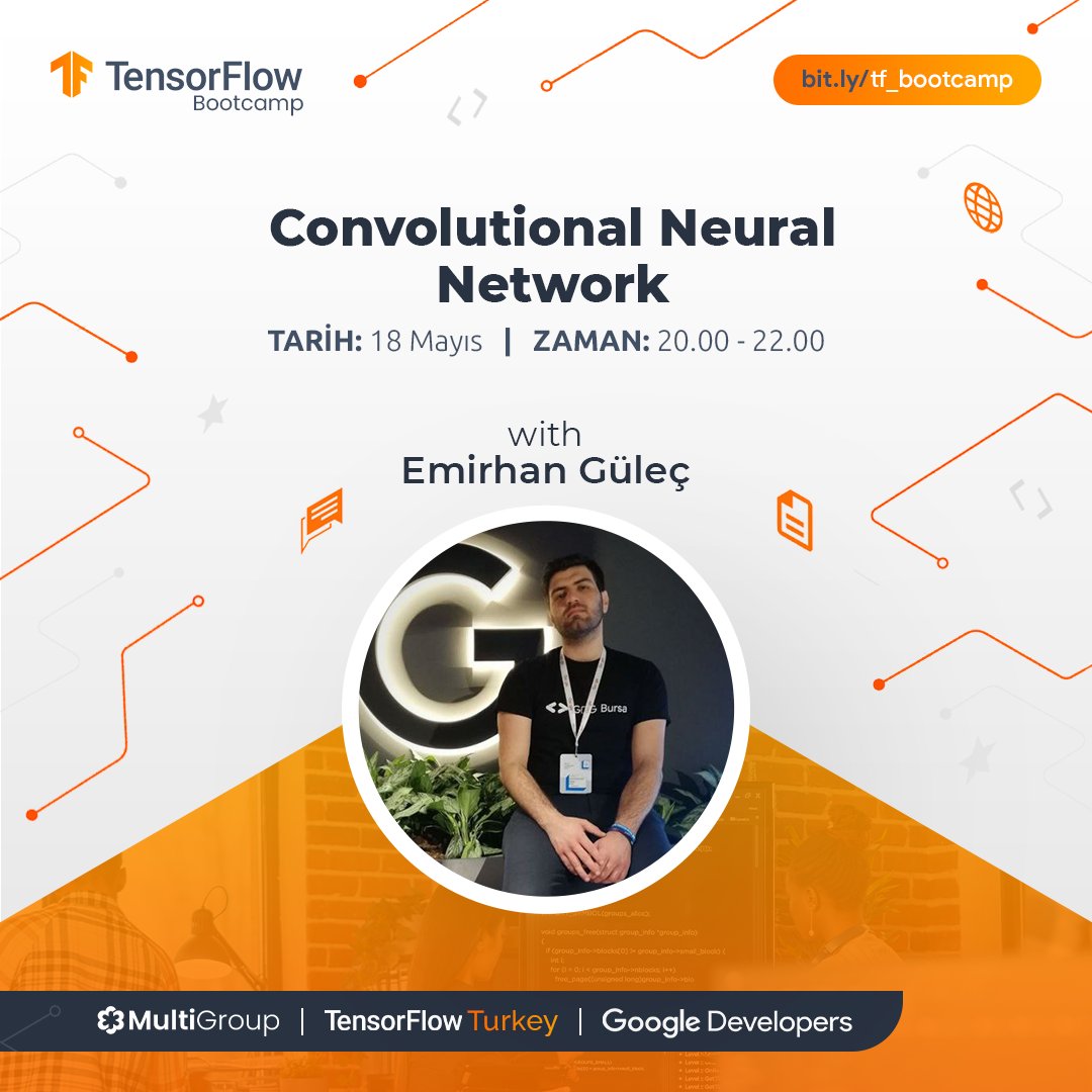 TensorFlowTurk's tweet image. #TensorFlow Bootcamp’in ikinci konuşmacısı Emirhan Güleç, Convolutional Neural Network konulu workshopu ile 18 Mayıs Çarşamba günü saat 20:00&apos;da bizlerle olacak.💙

🔔 Etkinliği kaçırmamak hatırlatıcılarınızı kurmayı unutmayın!
🔗 youtube.com/watch?v=itLyJw… 

#TensorFlowBootcamp