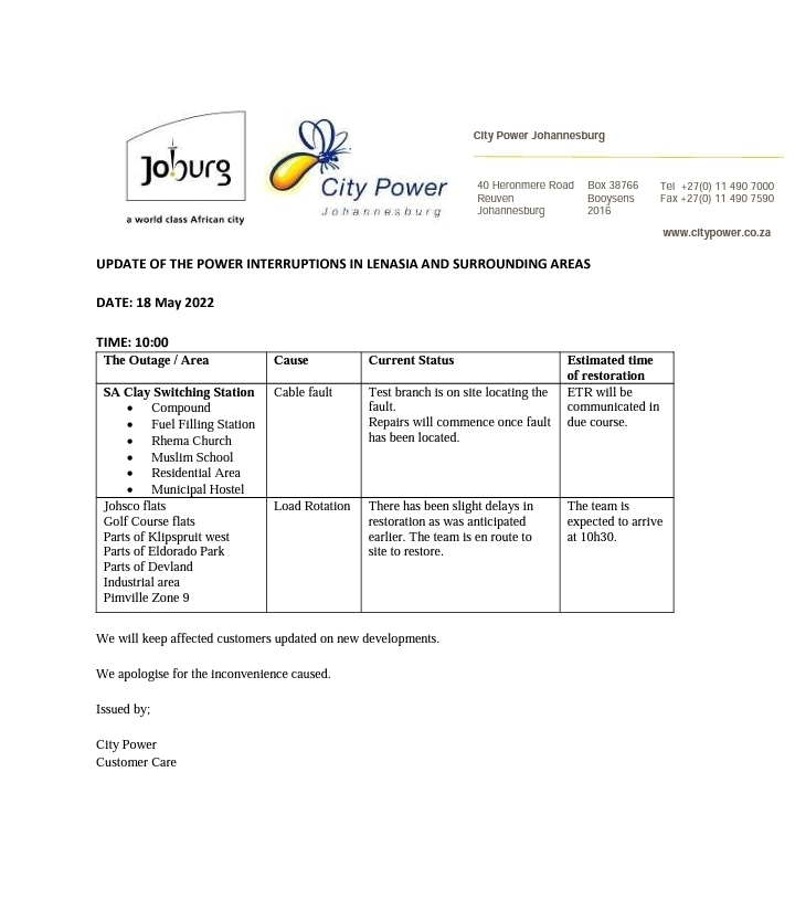CityPowerJhb's tweet photo. #JoburgUpdates #Lenasia #LoadRotation
Team is enroute to site to restore. ^NT https://t.co/FvTiNe5VWU