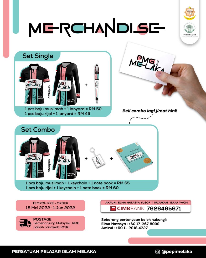elmanatasya_'s tweet photo. Hey guys. We are selling clothes + merchandise to collect funds for running a youth program on 24-26 June 2022. Can contact me for more information.
Open pre-order from 18 May 2022 until 1 June 2022.
Save the date and do support us.
Persatuan Pelajar Islam Melaka
#doretweet https://t.co/G8nqwtBmXy