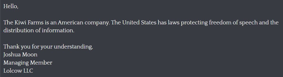 Here's a polite response from Null to a BS takedown request from the Aussie's eSafety Commissioner. He says AUS will likely block the Farms after this. A reminder that even China doesn't have it blocked, so the Aussies may be more censorious than China (who own them anyways). https://t.co/Xa0txeoXF3