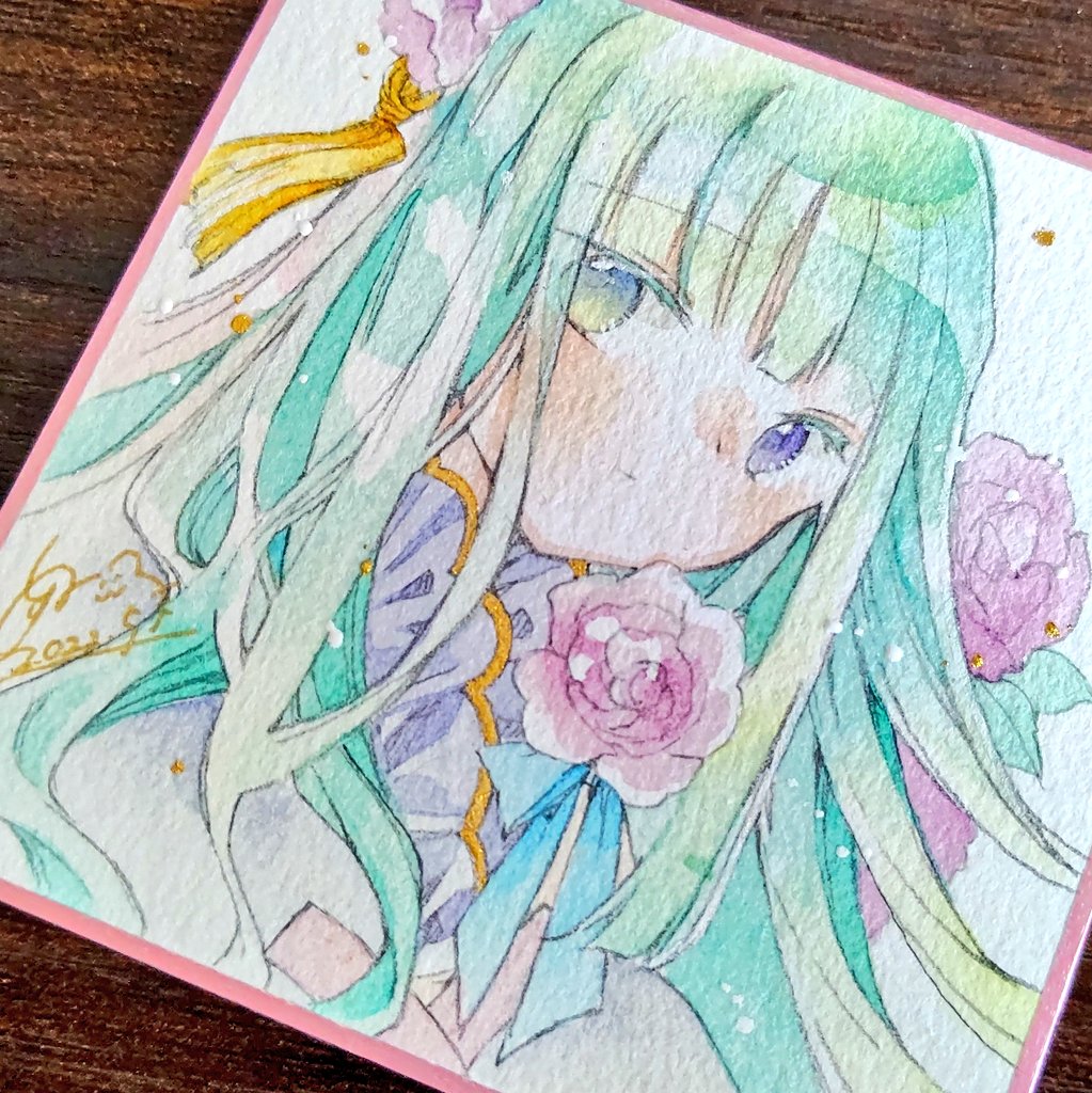 1girl solo flower pink flower traditional media long hair heterochromia  illustration images