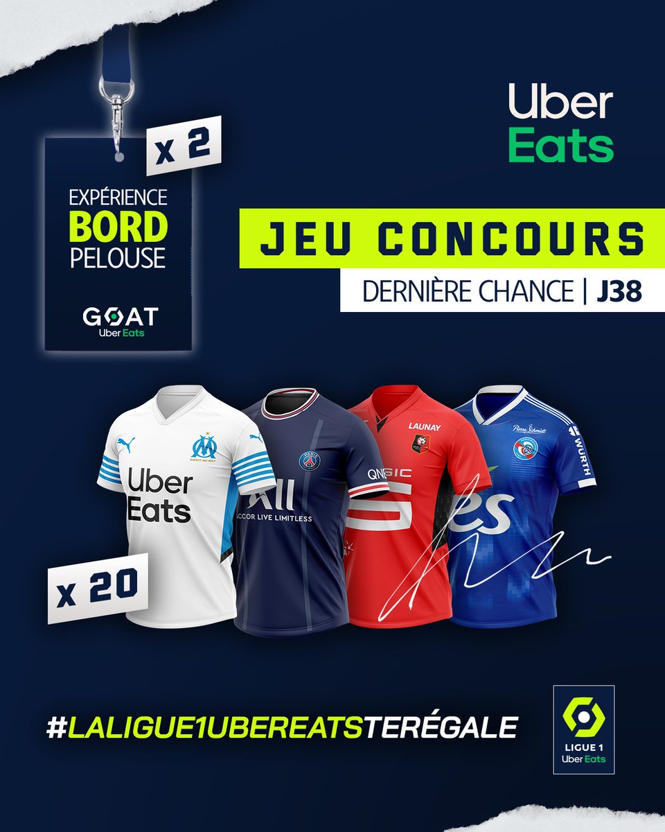 Ligue1's tweet image. 😋 @ubereats_fr te régale pour le multiplex de la J38 ! 

🎁 A gagner : 2 opportunités d’amener le ballon sur le terrain lors des #BarragesLigue1UberEats + 20 maillots 👕

1⃣ - RT 🔁
2⃣ - Mentionne ton club de cœur❤️
3⃣ - Indique nous ton plat préféré🍕

#LaLigue1UberEatsTeRégale