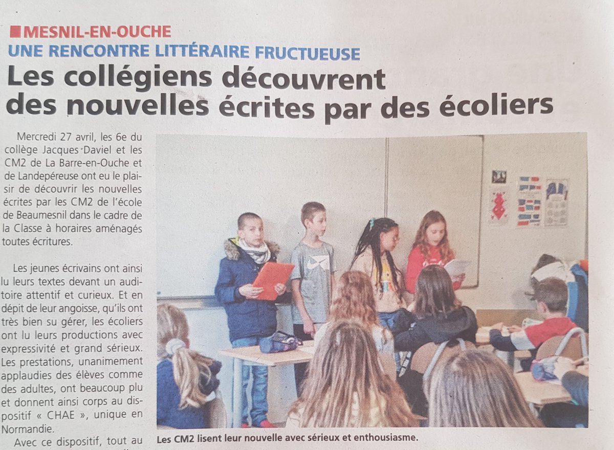 Campus Educatif Mesnil-En-Ouche - Collège (@campuseduc27) on Twitter photo (12/05) : Merci à l'Eveil pour cet article mettant en valeur la rencontre littéraire entre les CM2 et nos 6e dans le cadre de la CHAé. Bravo aux écrivains-lecteurs et à leur professeure.
<a href="/ac_normandie/">Académie de Normandie</a> <a href="/dsden27/">DSDEN27</a> @MoncadaFra <a href="/daac_normandie/">DAAC-Normandie</a> (12/05) : Merci à l'Eveil pour cet article mettant en valeur la rencontre littéraire entre les CM2 et nos 6e dans le cadre de la CHAé. Bravo aux écrivains-lecteurs et à leur professeure.
<a href="/ac_normandie/">Académie de Normandie</a> <a href="/dsden27/">DSDEN27</a> @MoncadaFra <a href="/daac_normandie/">DAAC-Normandie</a>
