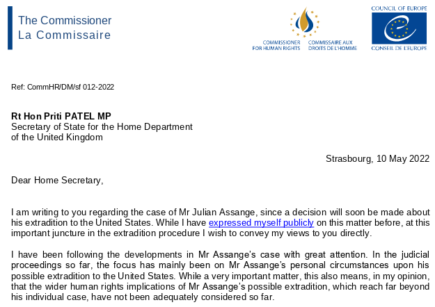 wikileaks's tweet photo. Council of Europe Commissioner for Human Rights writes to Home Secretary Priti Patel urging that Julian Assange should not be extradited 'due to the chilling effect such decision would have on #PressFreedom' | @CoE #FreeAssangeNOW
https://t.co/2v3dOvn36p
https://t.co/AjfVm9iZ46 https://t.co/WQE7yddyKH