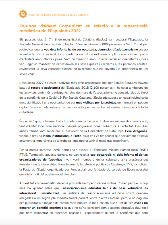 esplaiscatalans's tweet photo. #Comunicat | Comunicat en relació a la repercussió mediàtica de l'Esplaiada 2022. Feu-nos visibles! @tv3cat 

👉 https://t.co/g3Pr9rm1Ca https://t.co/5dt2lXh7sJ