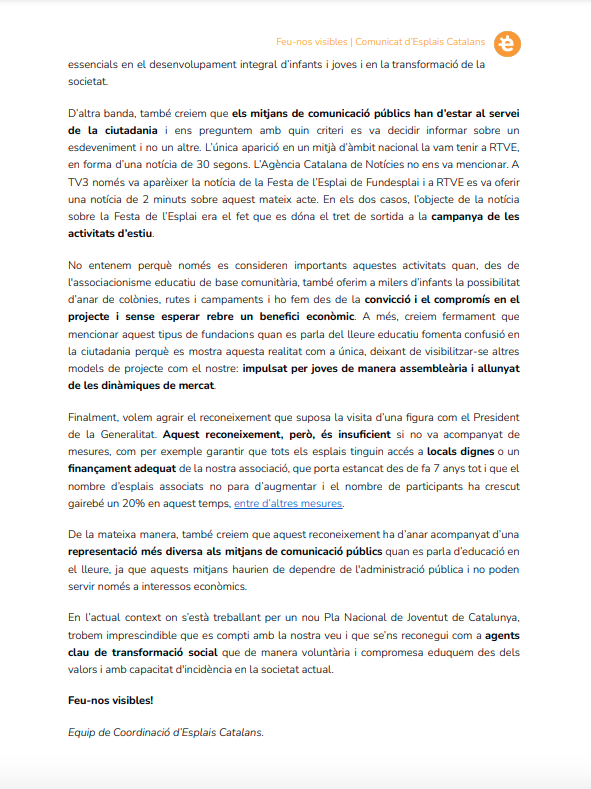 esplaiscatalans's tweet photo. #Comunicat | Comunicat en relació a la repercussió mediàtica de l'Esplaiada 2022. Feu-nos visibles! @tv3cat 

👉 https://t.co/g3Pr9rm1Ca https://t.co/5dt2lXh7sJ
