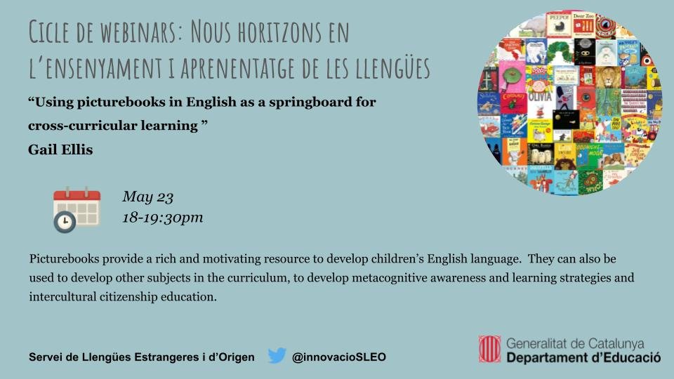 Webinar#9: ✨ Using picturebooks in English as a springboard for cross-curricular learning amb la Gail Ellis. Ja teniu l'enllaç al vostre correu. Us hi esperem! @sllengua @educaciocat