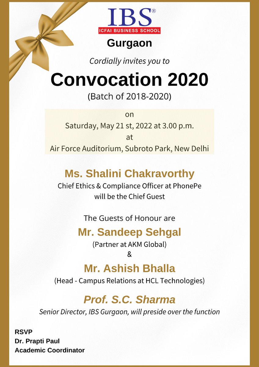 gurgaonibs's tweet photo. #IBSGurgaon is organizing 'Convocation 2020' for the conferred degrees of academic batch 2018-2020. The convocation will be held on:
Date: Saturday, 21 May 2022
Time: 03:00 PM
Venue: Air Force Auditorium, Subroto Park, New Delhi
#IBSIndia #Convocation2020 #Alumni #Convocation https://t.co/2Yz006pDBj