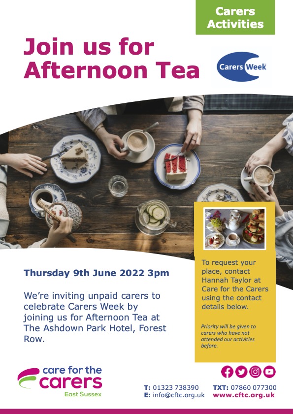 Care4theCarers's tweet image. Afternoon Tea at Ashdown Park Hotel - 9 June 

To celebrate #CarersWeek we're inviting unpaid carers to join us for afternoon tea on 9 June 2022 at 3pm

To book, email Hannah on hannaht@cftc.org.uk

Priority will be given to #carers who have not attended our activities before