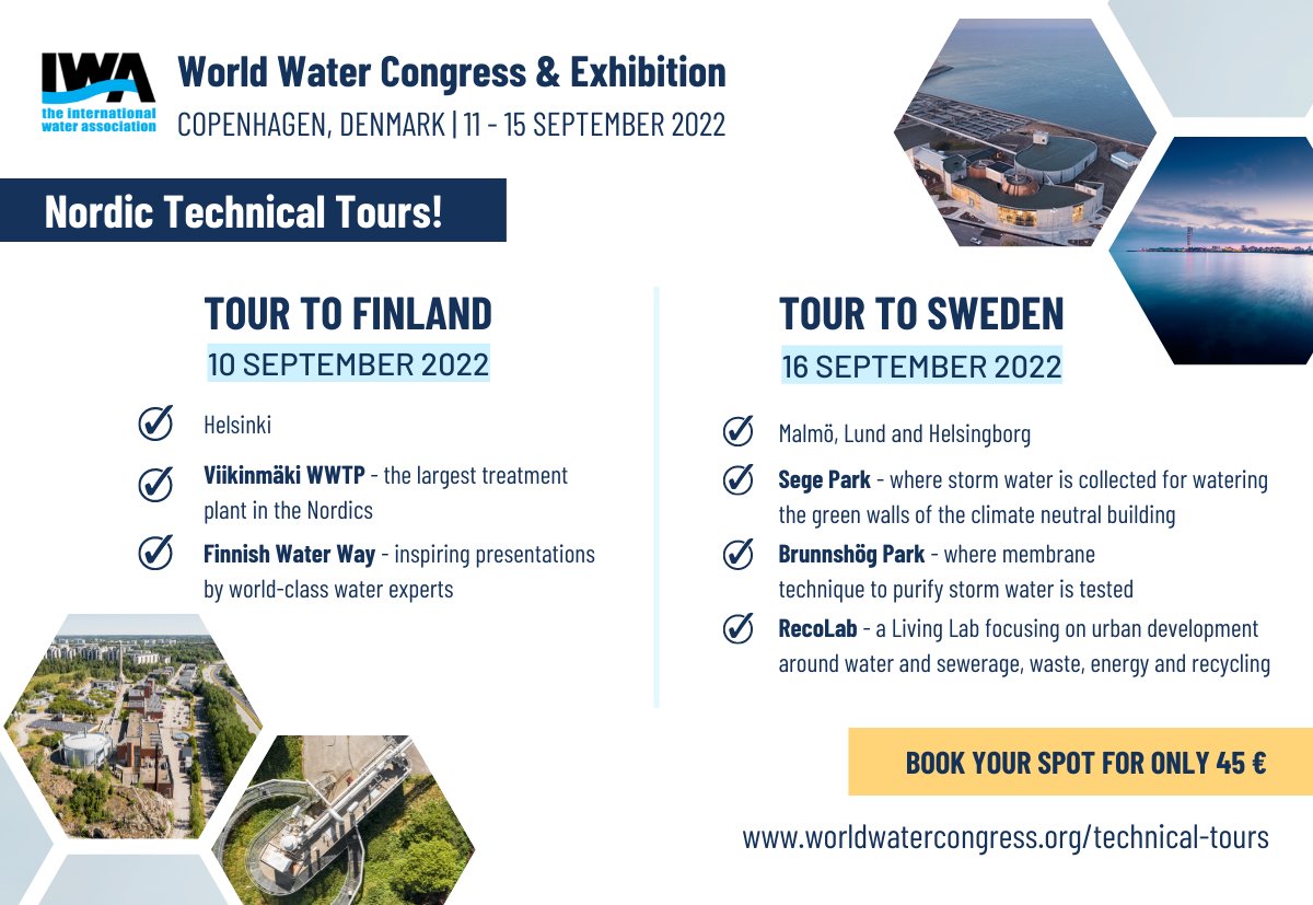 The IWA #WorldWaterCongress (11-15 September 2022) offers plenty of opportunities to broaden your horizons. 

Discover the #Nordic Technical Tours and explore some of the best #water facilities in the world! <a href="/suomenvesi/">Vesilaitosyhdistys</a> <a href="/hsy_fi/">HSY</a> <a href="/VASYD/">VA SYD</a> <a href="/REWAISE_EU/">REWAISE</a>

ow.ly/NTxK50J678l