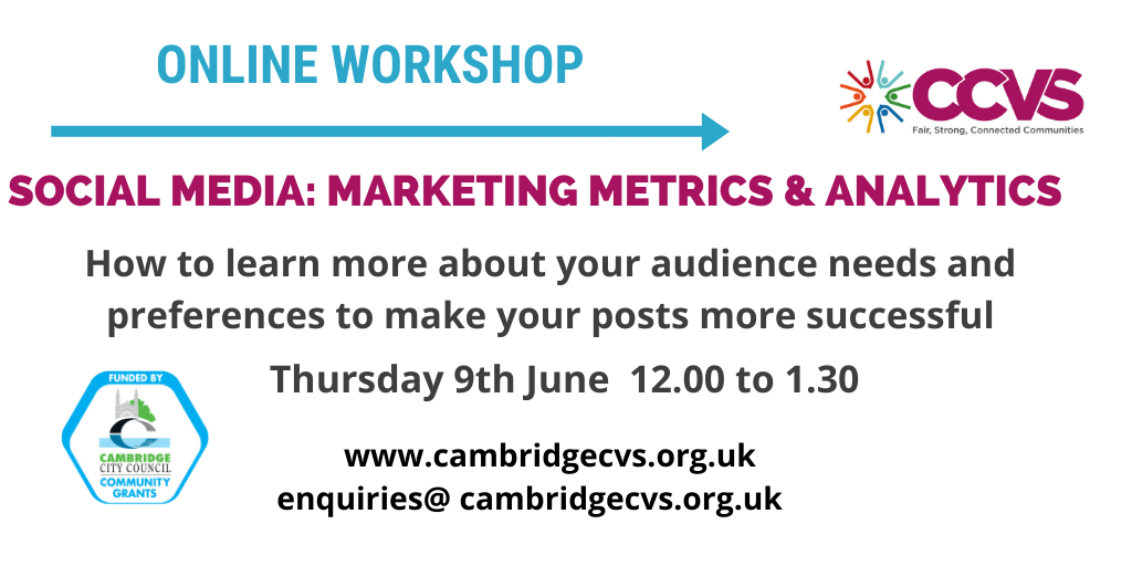 CambridgeCVS's tweet image. Training: Social Media: Marketing Metrics &amp;amp; Analytics 9 June 12pm. For Trustees, volunteers &amp;amp; employees of small charities, community groups &amp;amp; organisations. Learn to measure &amp;amp; understand which metrics are important. bit.ly/3wCOaB5 Delivered by @lenkakopp@huntsforum
