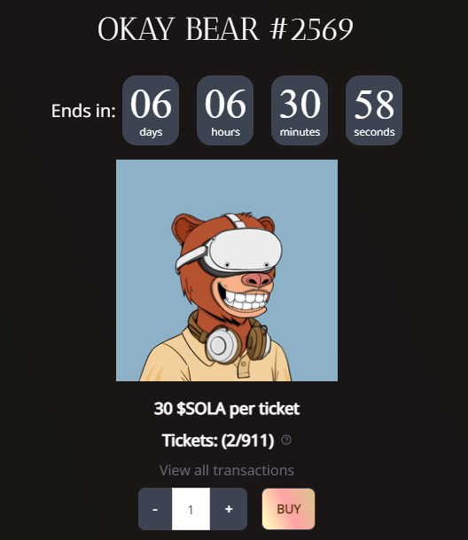 SolNFTeasers's tweet photo. @SolaxyMetaverse have an @okaybears up for raffle!

By buying a Solaxy NFT on @MagicEden, you're able to stake it on Solaxy's website for a 30 $SOLA per day return.

Entry for the raffle is 30 $SOLA with unlimited entries.

Good luck! https://t.co/129OcuqxMM