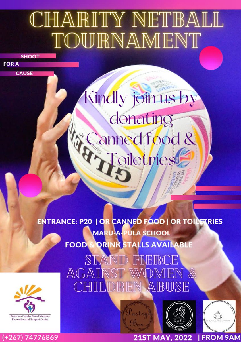 Hey guys! Kindly join us for a netball charity tournament this weekend at <a href="/maruapulaschool/">Maru-a-Pula School</a> in support of Botswana Gender Based Violence Prevention &amp; Support Centre (BGBVC). 

Entrance is P20 or an item of canned food or toiletry . See you there! 

#endviolenceagainstwomen #tvo