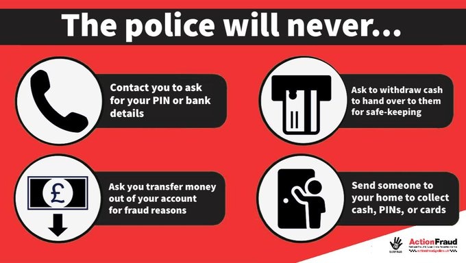 Your bank or the police will never send someone to your home to collect money, or ask you to transfer funds out of your account. Don’t make life easy for criminals, always #TakeFive #CourierFraud #ScamAware #BrumTS