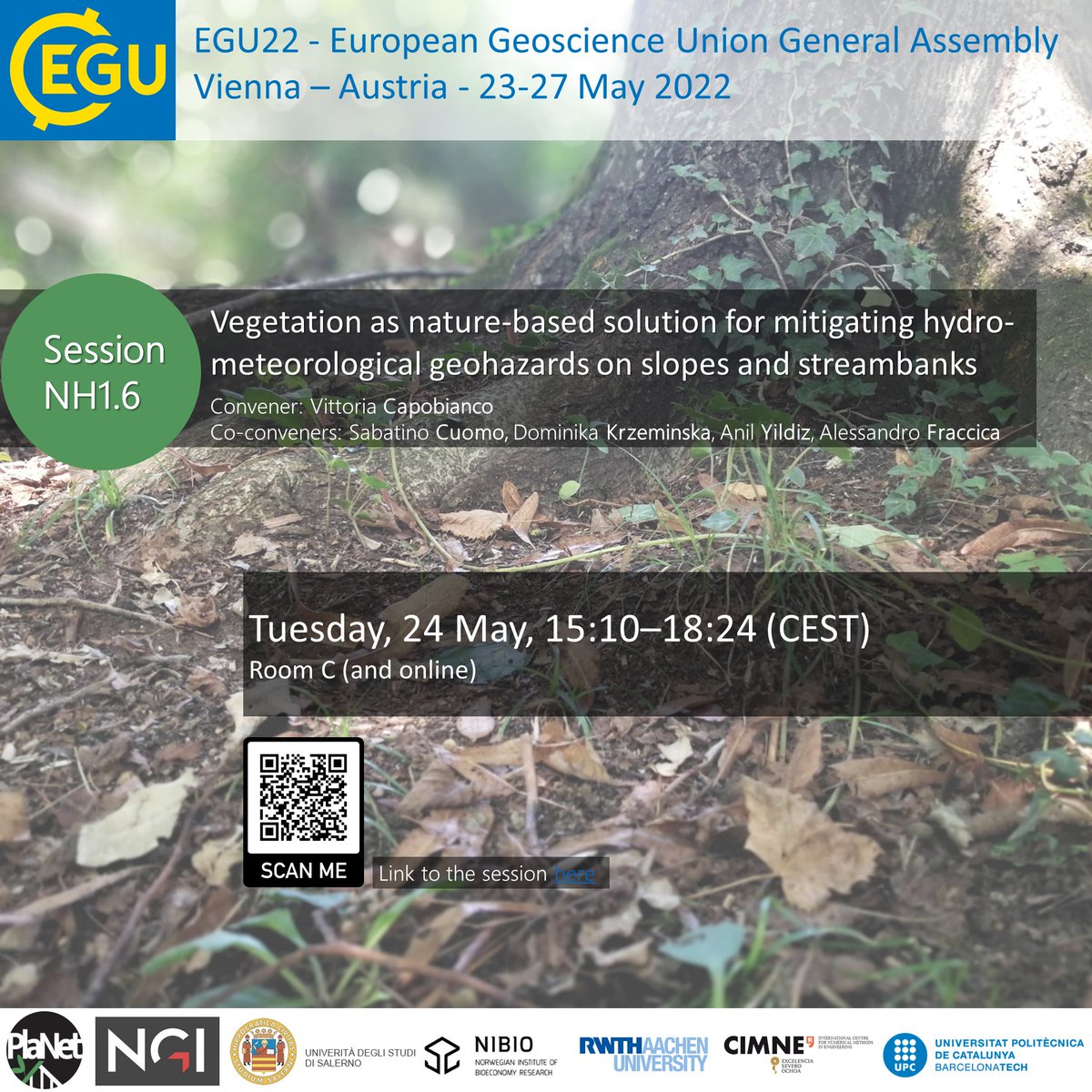 PlaNet_EU's tweet photo. ⏰ Less than 1 week left for the #EGU22 conference!
Join the session NH1.6 "Vegetation as #naturebasedsolution for mitigating hydro-meteorological #geohazards on #slopes and streambanks" on Tuesday, 24 May, 15:10–18:24 (CEST).  https://t.co/NcgajCOXHT https://t.co/8BLBgfOXmz