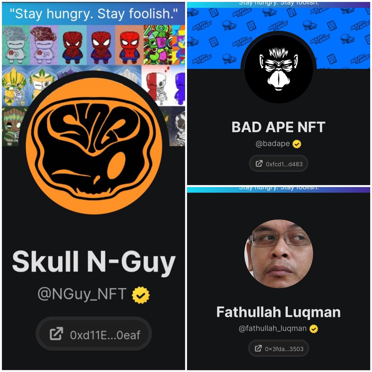 <a href="/irzzwani/">IRZZ</a> B- <a href="/BadApeNFT/">BADAPE NFT Official</a> 
F- <a href="/fathullah1972/">Fathullah Luqman</a> 
S- <a href="/NothingnessGuys/">Skull Nothingness Guy_NFT</a>