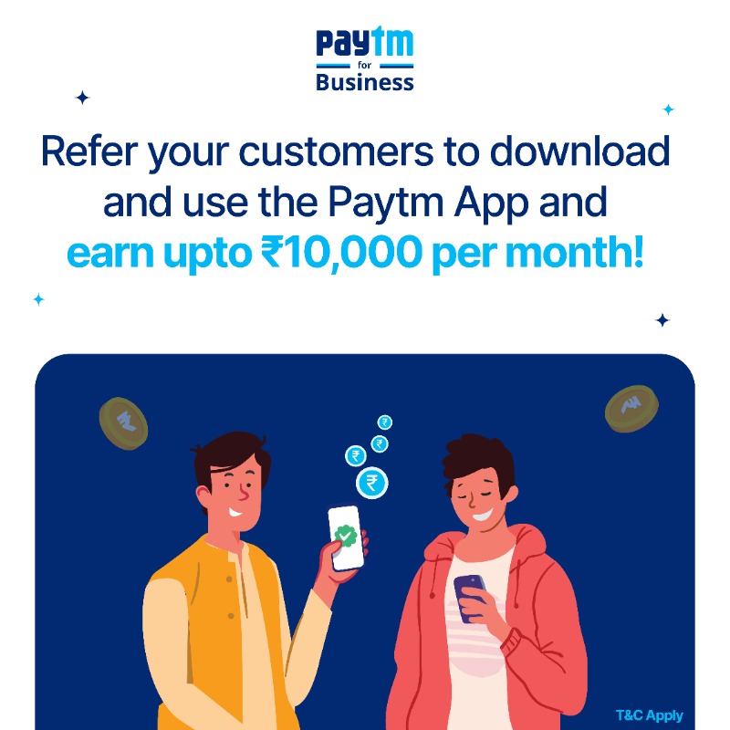 PaytmBusiness's tweet photo. The stars are in your favour ⭐
Refer your customers to download the Paytm app &amp; make their first UPI payment.

Earn upto Rs 10,000 per month. 🤩
Refer now 👇🏻

#ReferandEarn #IPL #PaytmforBusiness