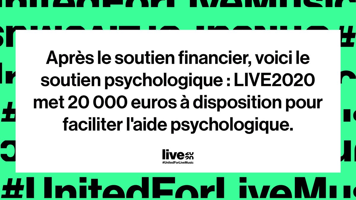 Grâce à LIVE2020, les personnes qui ont travaillé dans le secteur de la musique pendant au moins 1 an au cours des 3 dernières années peuvent se faire rembourser jusqu'à 8 séances chez un psychologue ou un psychothérapeute. Plus d'infos: fr.live2020.be/live2020-met-2….