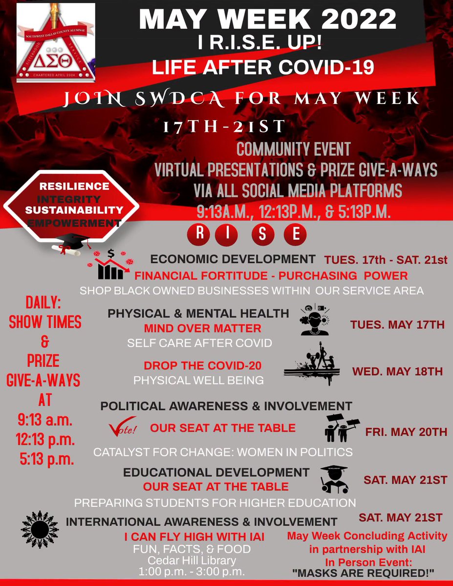 SWDCA_DST's tweet photo. May Week is a national program of DST Sorority, Inc. A week is set aside for programs highlighting academic and professional achievements to emphasize the importance of higher education.
#MayWeek
#SWDCADeltas
#DST1913
#RiseUp
We do not own the rights to this music/song. https://t.co/AdzzGiGfZs