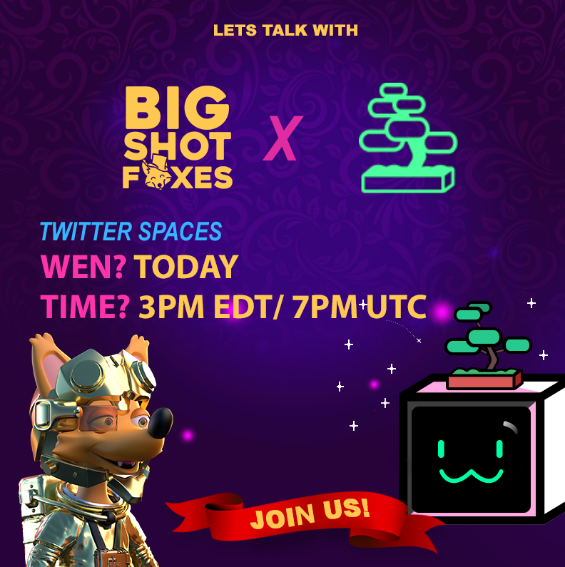 Big Shot Foxes ๐ฆ๐ฌ (@bigshotfoxes) on Twitter photo Join us today with in our Twitter Spaces with <a href="/Irrelevants_NFT/">AI : Artificial Irrelevants</a> while we talk everything from their project, the market, games and development of #Solana!
Wen? Today
Time? 3PM EDT/7PM UTC Join us today with in our Twitter Spaces with <a href="/Irrelevants_NFT/">AI : Artificial Irrelevants</a> while we talk everything from their project, the market, games and development of #Solana!
Wen? Today
Time? 3PM EDT/7PM UTC