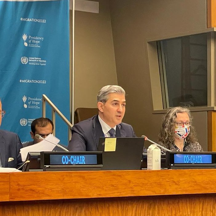 AzmissionUN's tweet photo. Happening now: HE Mr. Vusal Huseynov, Head of the State Migration Service of the Republic of Azerbaijan @migrationAZE and HE Mr. Omar Hilale, PR of the Kingdom of @Morocco_UN co-hosting round table of the International Migration Review Forum at the UNHQ
#IMRF #Migration2022 https://t.co/vptghKcimf
