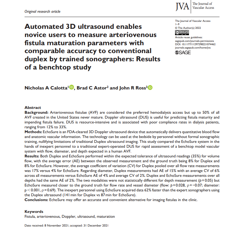 Sonavex's tweet photo. Latest validation study results published in the Journal of Vascular Access demonstrate that EchoSure, when used by dialysis techs and nurses, is both accurate and precise. Follow the link here to learn more: 
https://t.co/9dbfrYQZIS
#EchoMark #EchoSure #avf #dialysisaccess https://t.co/rYslUx7z7I