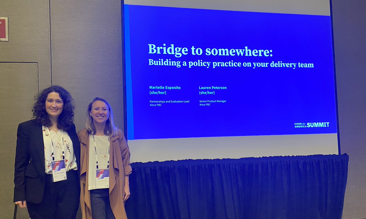 Good morning #CfASummit! Super excited to start off Day 2 hearing from <a href="/MartelleLeigh/">Martelle Esposito</a> <a href="/ICULP/">Lauren Peterson</a> about building a policy practice on delivery teams at <a href="/NavaPBC/">Nava Public Benefit Corporation</a>