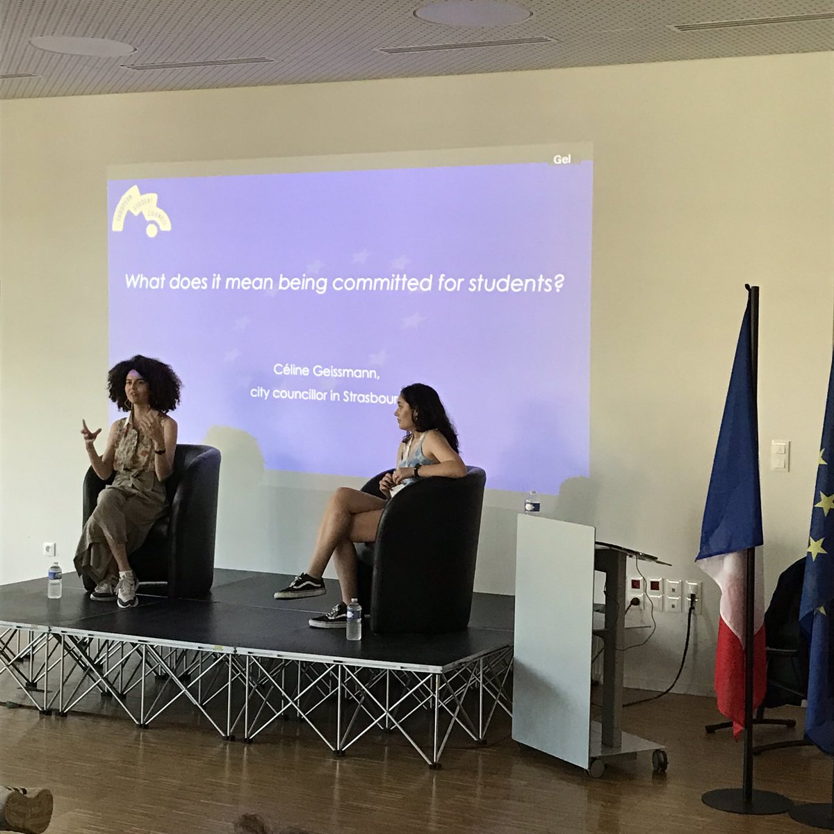 ECaburet_CPE's tweet photo. @CelineGeissmann, city Counsellor #Strasbourg discussing with the representatives of the #europeanstudentcouncil about getting committed. The discussion is moderated by the President  of the ESC at @EuropeanS_Stg @acstrasbourg 
#Strasbourg #eurometropole #EStdC2022 https://t.co/Ea9enWBjhY