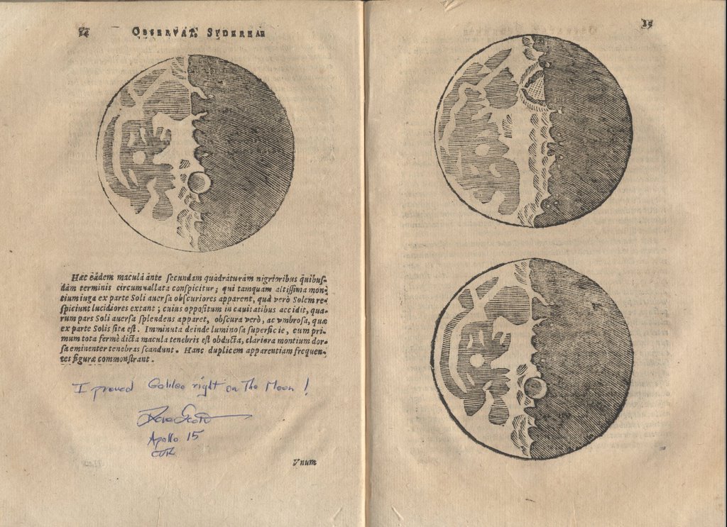 samfjf's tweet photo. Pages from Galileo's 'Sidereus Nuncius' (1610), including early examples of selenography, i.e. lunar cartography. This one defaced by Apollo 15 commander David Scott https://t.co/K5hJM4QYFG