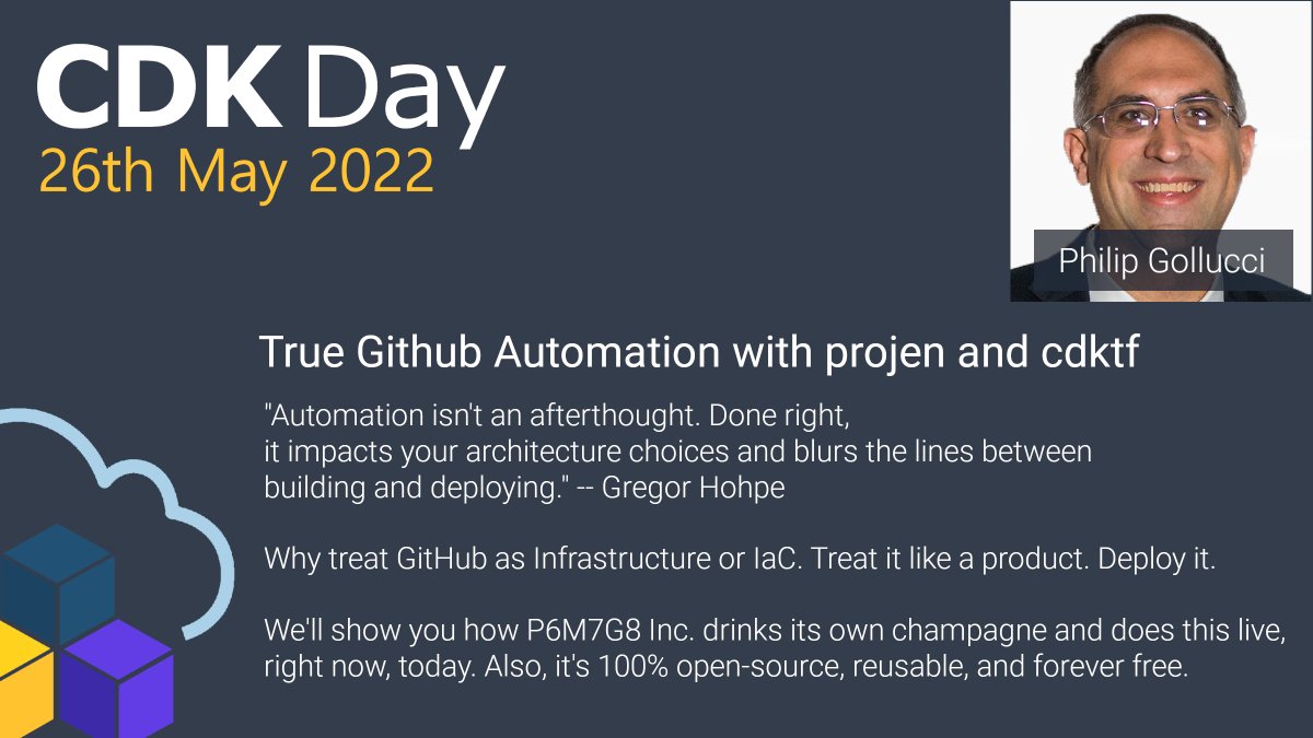 cdkday's tweet photo. With a @ghohpe quote you know this talk from @p6m7g8 will be a good one! 🔥🔥🔥
"Automation isn't an afterthought. Done right, it impacts your architecture choices and blurs the lines between building and deploying."
Tickets -> https://t.co/5VO6y5wUGI
#cdkday #projen #cdktf https://t.co/B6ORZE1Aq9
