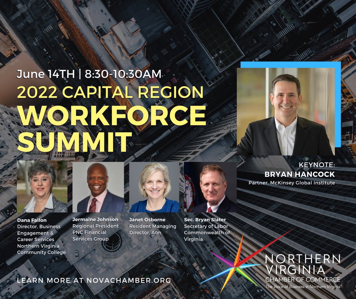 NOVAChamber's tweet photo. Join us June 14th for our Capital Region Workforce Summit! Bryan Hancock, McKinsey Global Institute Partner, will present the results of McKinsey’s Human Capital Report, setting up a can’t-miss discussion from leading workforce experts. https://t.co/oF7nTLQH6K #novaworkforce https://t.co/8tgRNZ8rUh