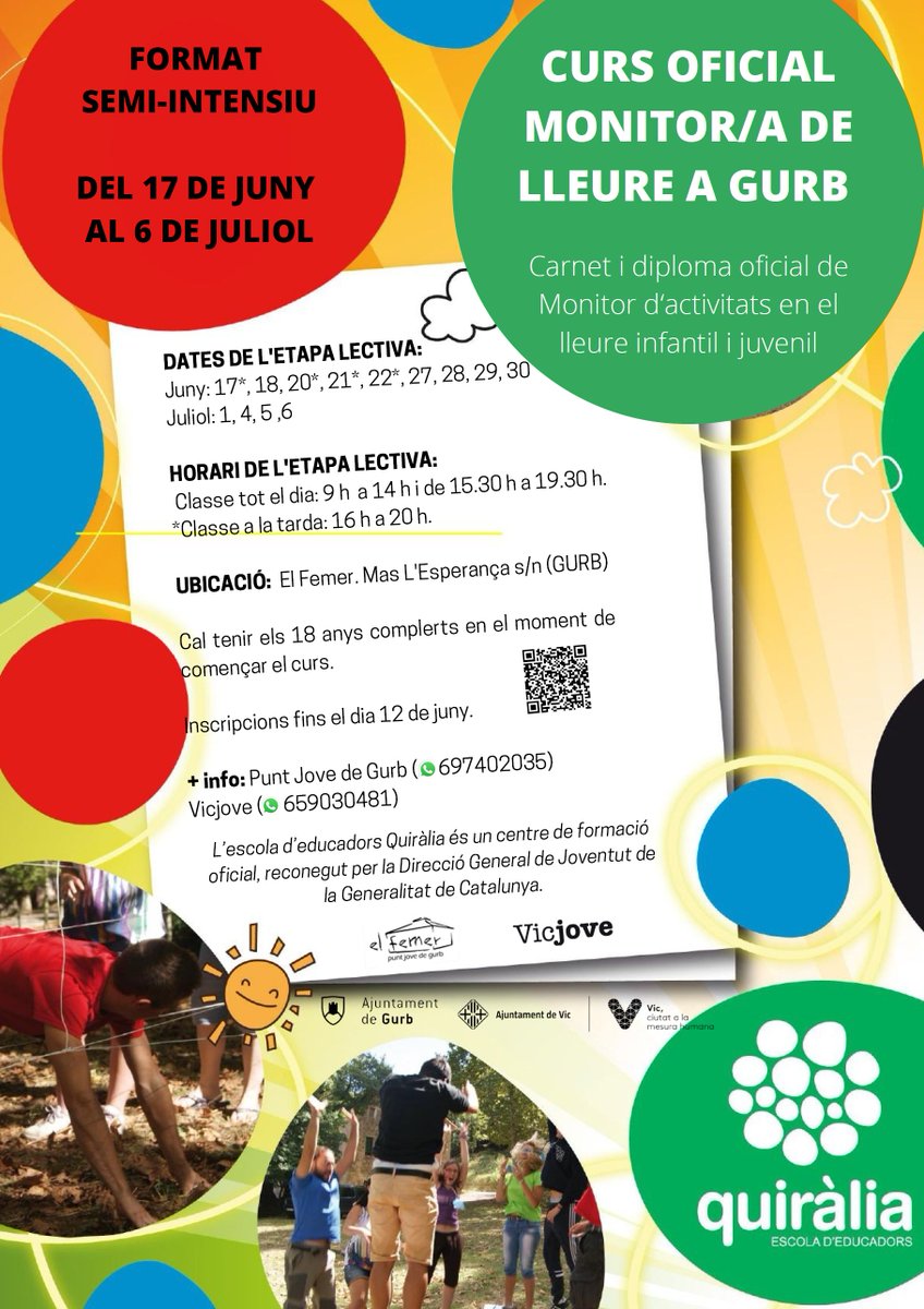 🌞Aquest estiu aprofita per treure't el carnet de monitor/a de lleure! 

🗓️Format semi-intensiu del 17 de juny al 6 de juliol.

🫰 El curs no és gratuït però està subvencionat!  

ℹ️ Trobareu més informació al #Elfemer de <a href="/AjuntamentGurb/">Ajuntament de Gurb</a> i al <a href="/Vicjove/">Vicjove</a>

📲bit.ly/38ECXIl