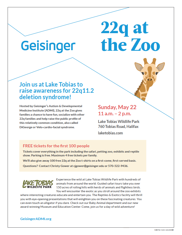 Geisinger ADMI will be hosting 22q at the Zoo at Lake Tobias on Sunday, May 22nd!