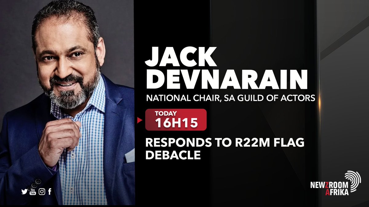 Newzroom405's tweet photo. [STILL AHEAD] National Chair at SA Guild of Actors, #JackDevnarain will be responding to the R22 million flag debacle on Newsfeed PM this afternoon.

Catch this conversation on #Newzroom405. https://t.co/qJY76XZuuw