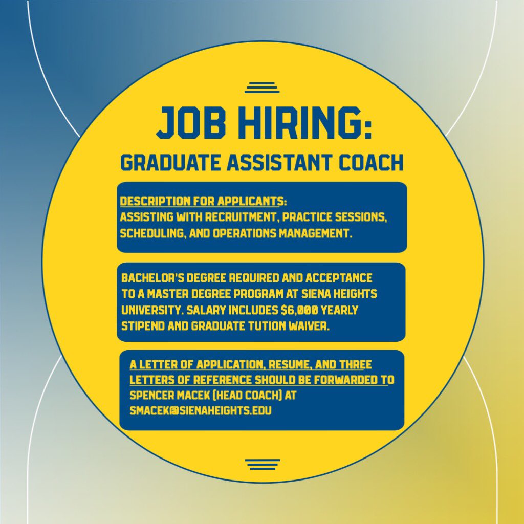 SienaHeightsLax's tweet photo. 🚨🚨We’re Hiring!! 🚨🚨

The Siena Heights Men’s Lacrosse team is looking for a Graduate Assistant Lacrosse Coach! If you’re interested, send in your resume and letters of recommendation to Coach Macek! 

More info on the job posting can be found at https://t.co/gL9QCMjKiq. https://t.co/oYpVvezqat