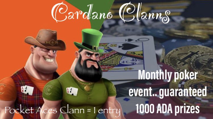 CardanoClanns's tweet photo. Announcing our huge monthly poker events!! First event takes place on the Sunday 5th of June 🎉

Hodl Pocket Aces Clann = 1 entry

If you haven’t already, try bag a Pocket Aces Clann. 
🏆1000 ADA guaranteed prizes🏆

#pokeronline #ClannFam #NFTs #Cardano #ADA #PocketAces https://t.co/3IYhR1DsaZ