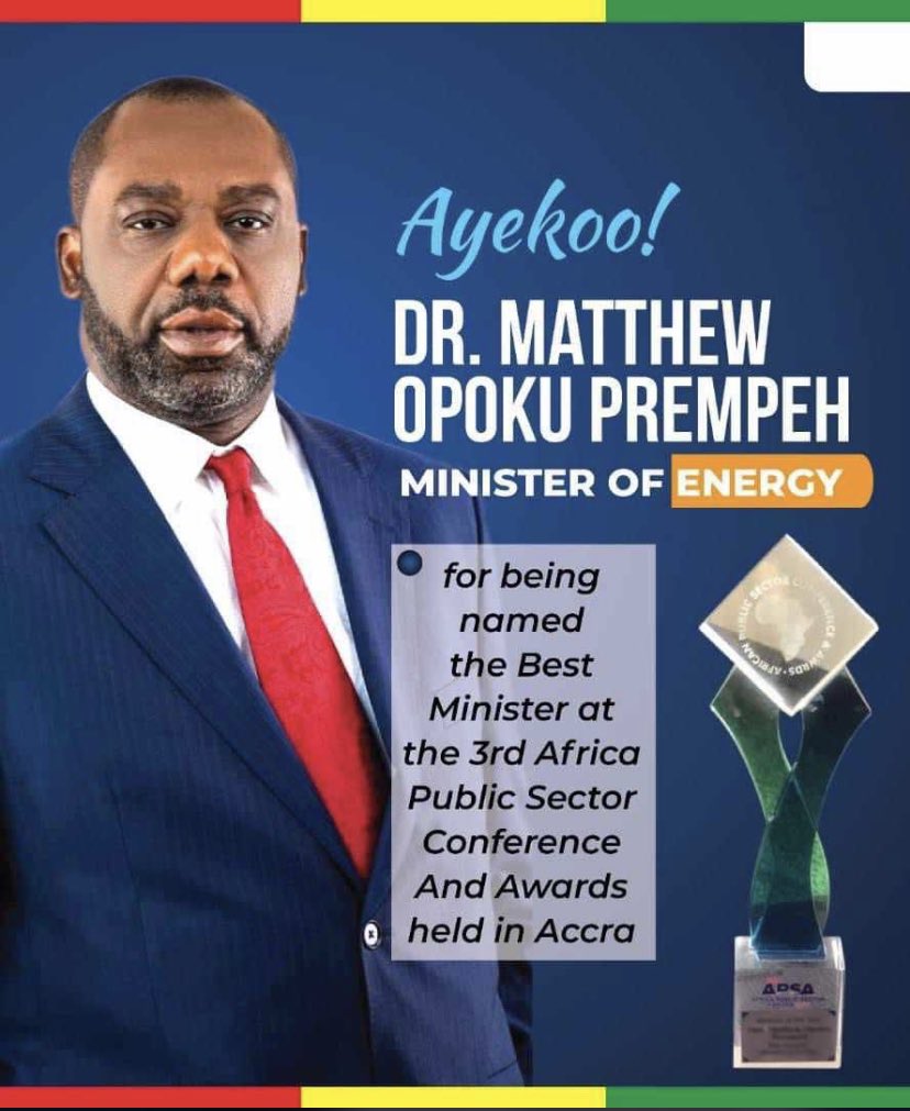 The Energy Minister, Dr. Matthew Opoku Prempeh was named Best Minister at the 3rd Africa Public Sector Conference and Awards, held in Accra.
The award was in recognition of the Energy Minister's outstanding service, innovation and leadership in the energy sector. 

Ayekoo !!