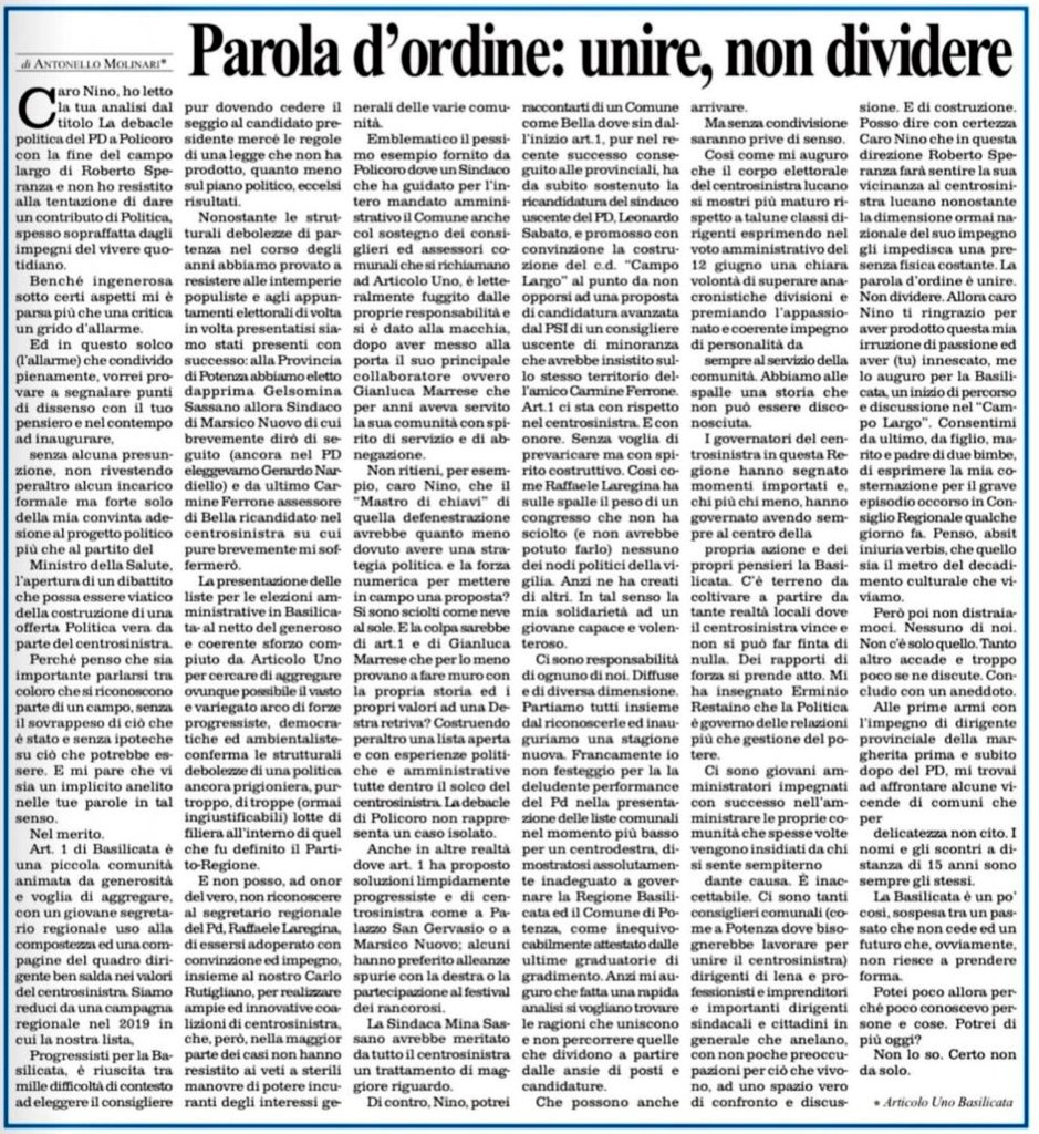 AntonelloMolin1's tweet photo. Oggi su @LaNuovadelSud una mia riflessione sul Centro-Sinistra lucano, stimolata da un'analisi di Nino Grasso. https://t.co/pzOTtDa4HS