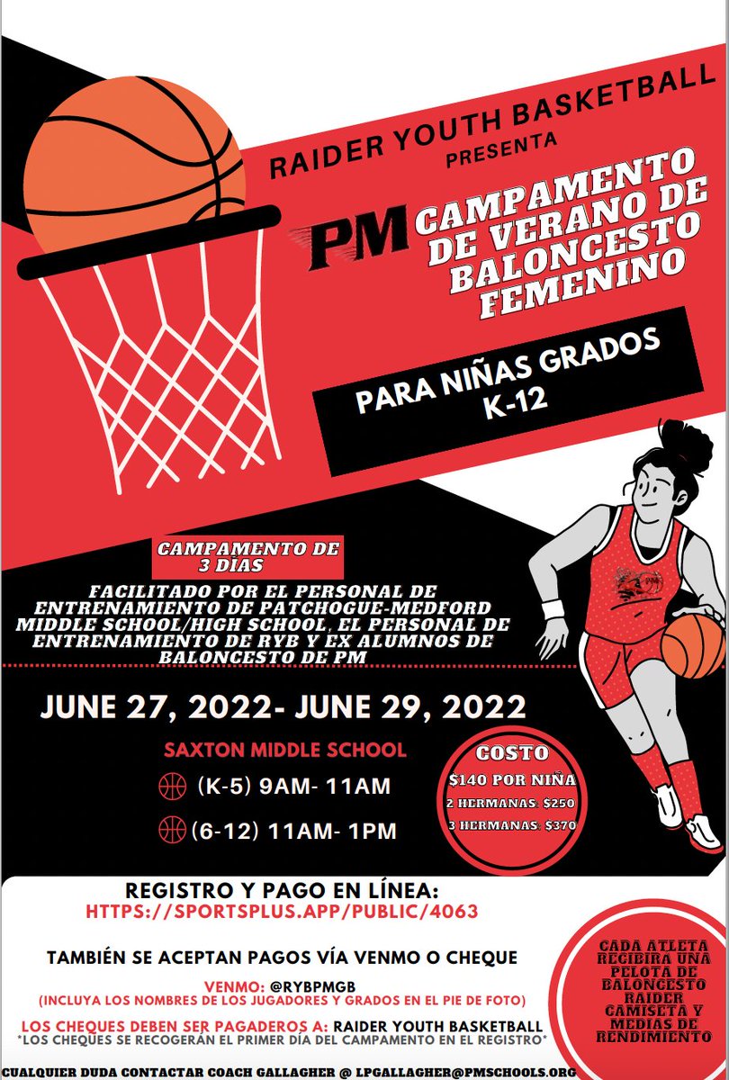 RYB/ PMGB Girls Basketball Summer Camp Registration is officially OPEN! Camp information on flyer below! Can't wait to see everyone!
Register at sportsplus.app/public/4063

<a href="/PMcoachGALL/">Coach Gallagher</a> <a href="/PatMedAthletics/">Pat-Med Athletics</a> @PatMedSchools