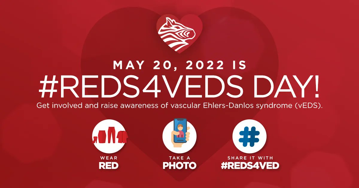 Friday, May 20, is #REDS4VEDS Day! Join us and:⁠
⁠
🔴Wear something red⁠
⁠
🤳 Post a picture on social media with the hashtag #REDS4VEDS ⁠
⁠
Help to raise awareness of #VascularEhlersDanlosSyndrome ( #vEDS).

#MyEDSChallenge #MyHSDChallenge #EhlersDanlosSyndrome