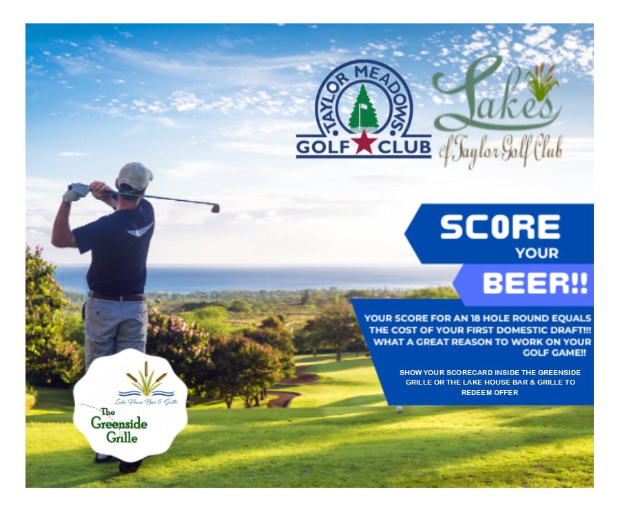 LakesofTaylor's tweet photo. Score your beer! Your 18 hole score? That’s what you’ll pay for your first domestic draft!!! 🍻⛳️ @LakesofTaylor  @taylormeadows89 https://t.co/Ht7Ln68WnN