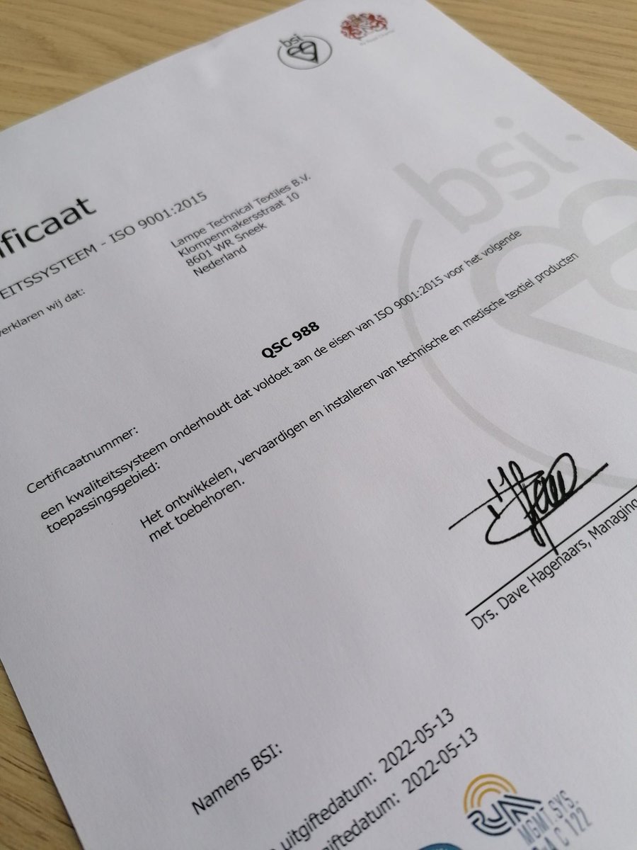 Vanaf heden werken wij officieel met een kwaliteitssysteem dat voldoet aan de eisen van #ISO 9001:2015 voor het ontwikkelen, vervaardigen en installeren van #technische en #medische textiel producten met toebehoren. 
#trots #lampegroup