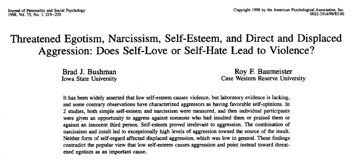 AdamMGrant's tweet image. Bullies don&apos;t suffer from low self-esteem. Their self-esteem is typically high but unstable.

Their egos are like balloons: inflated and fragile enough to pop at the slightest needle. Under threat, they lash out.

This research explains a surprising amount of online behavior.