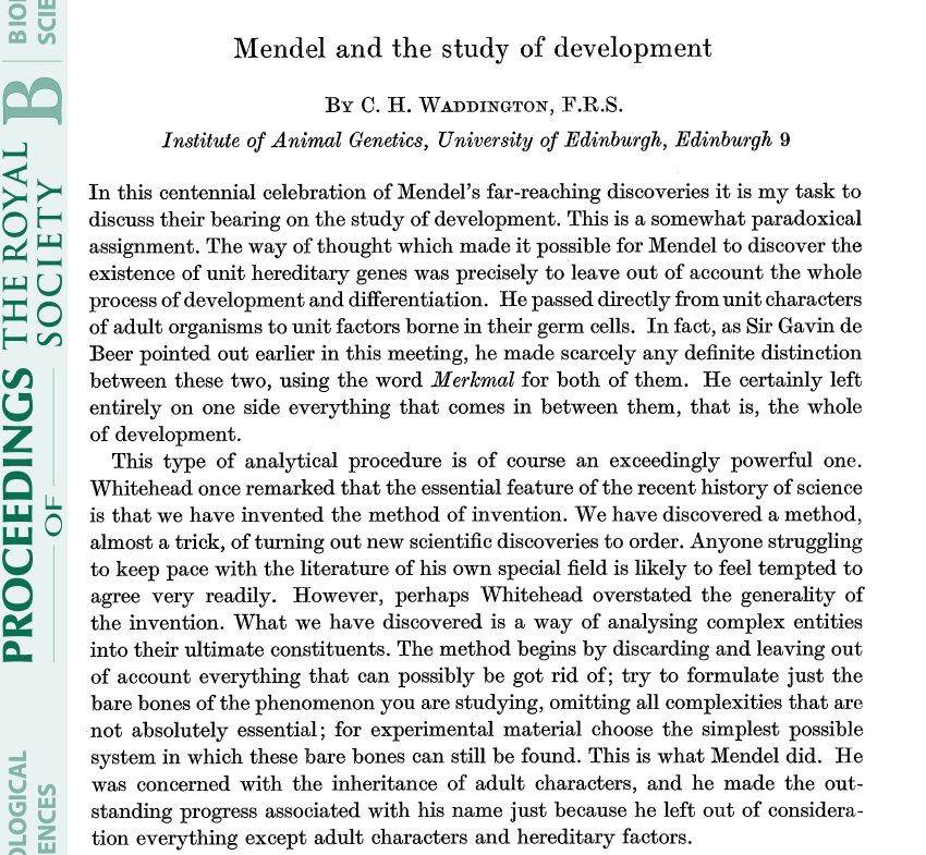 Adding to the debates on #Mendel200 (including this great thread by @KampourakisK 👇), I want to recover something already hinted by Waddington during the centenary celebrations of Mendel's 1865 'Versuche': we need to be aware of the power but also of the pitfalls of abstraction.