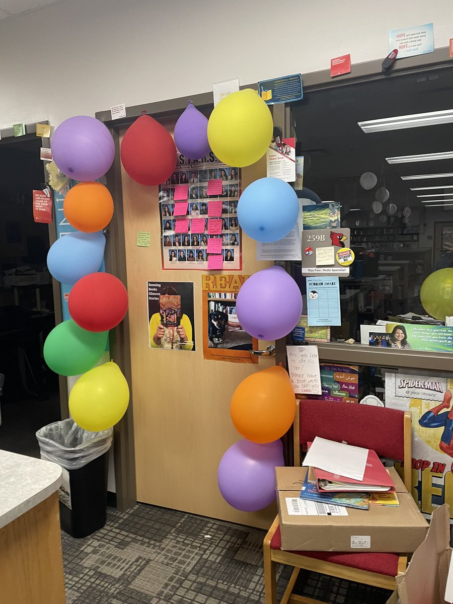 SopoIMC's tweet photo. Shout out to the #SopoReads class of 2022 for their “prank” of decorating the IMC. They put rubber ducks everywhere and threw a lot of balloons in Miss Foor’s office! #BeACardinal #gotothelibrary @SHS_Cardinals https://t.co/okE28DLNHx