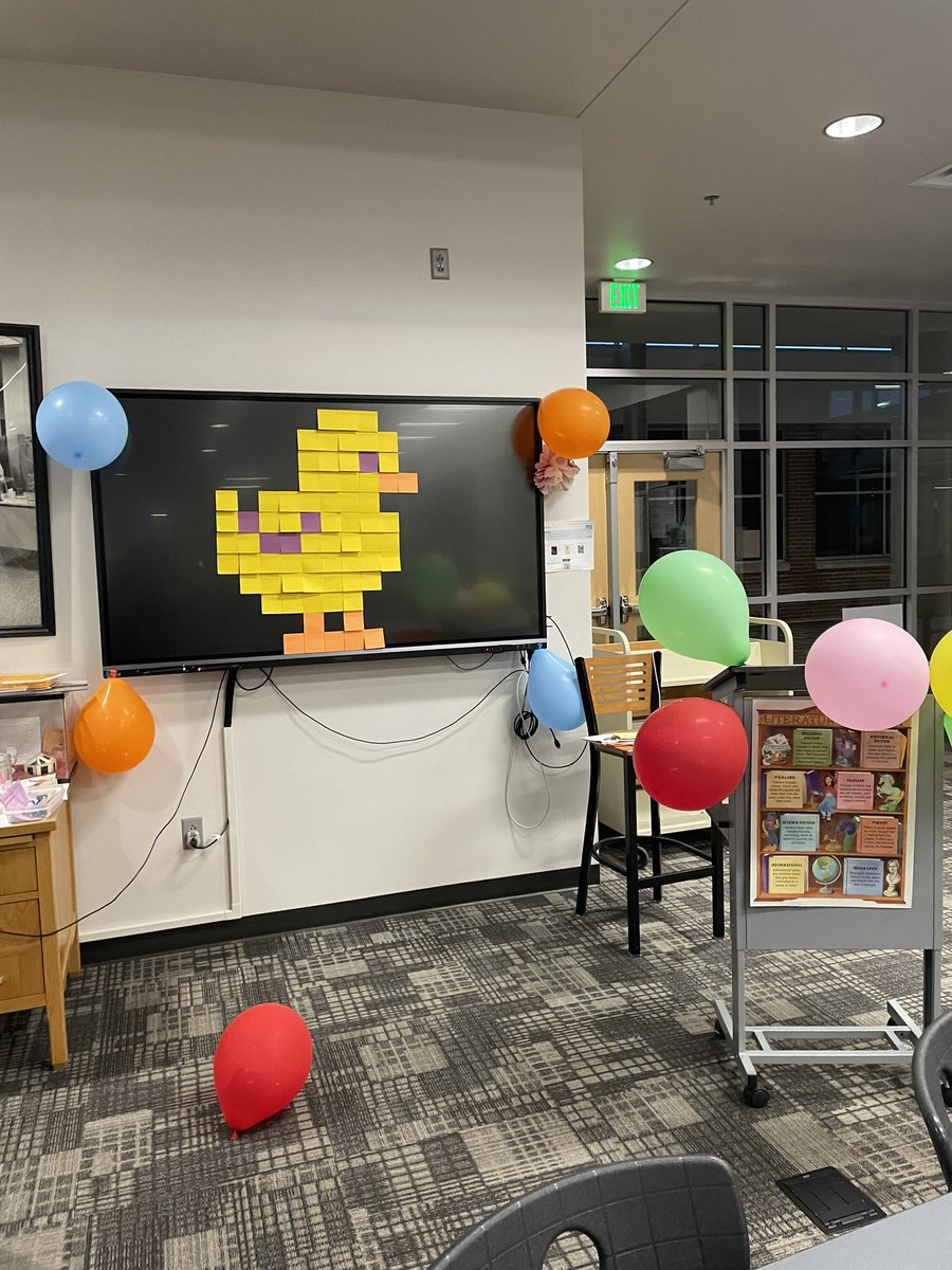 SopoIMC's tweet photo. Shout out to the #SopoReads class of 2022 for their “prank” of decorating the IMC. They put rubber ducks everywhere and threw a lot of balloons in Miss Foor’s office! #BeACardinal #gotothelibrary @SHS_Cardinals https://t.co/okE28DLNHx