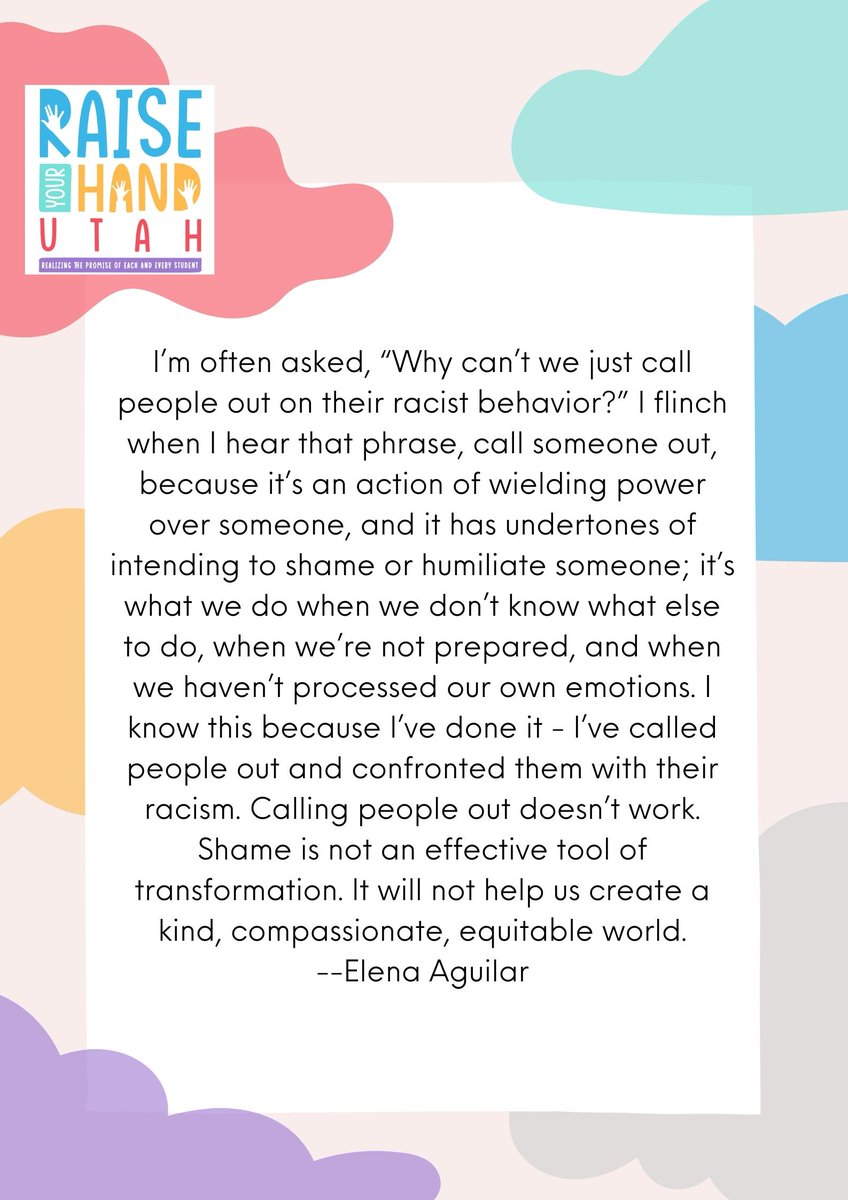 UTRaiseYourHand's tweet image. Call People In

"Calling people out doesn’t work. Shame is not an effective tool of transformation. It will not help us create a kind, compassionate, equitable world."
--Elena Aguilar